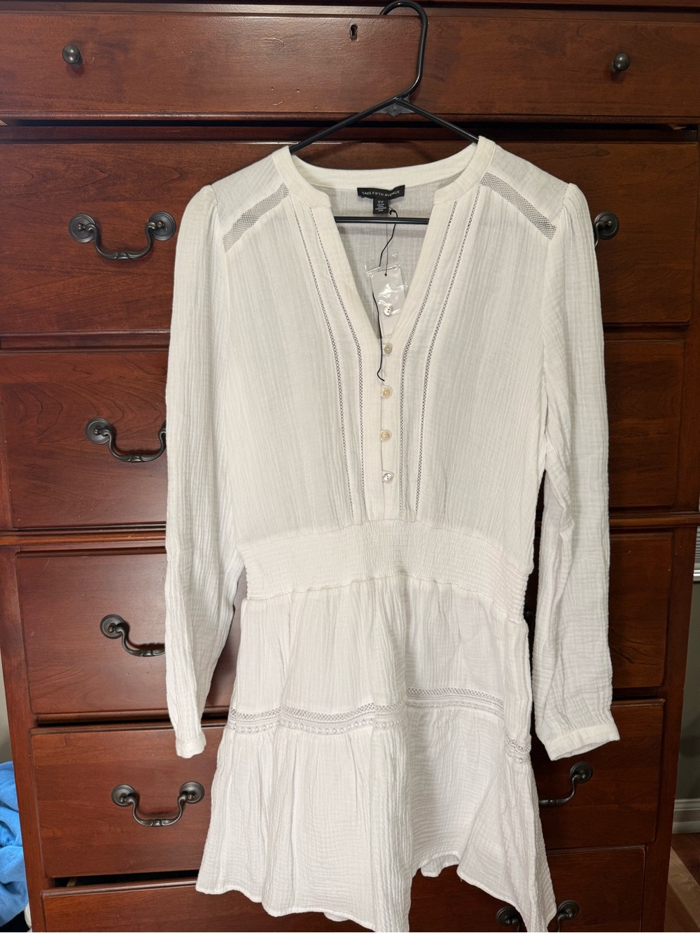 Saks Fifth Ave White Long-Sleeve Textured Tiered Dress